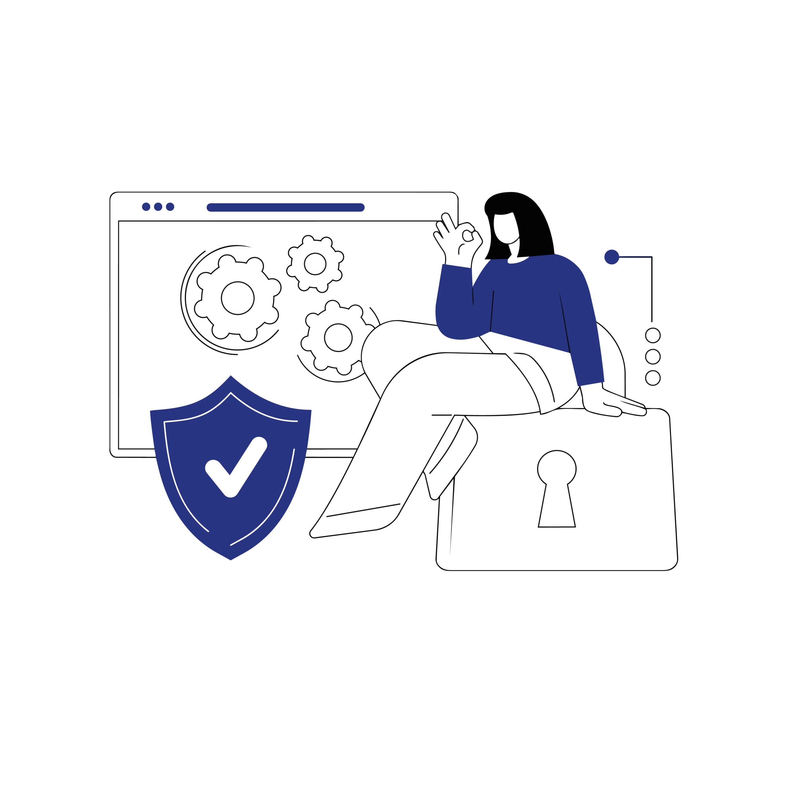 Illustration d’une personne devant un tableau de bord avec une icône bouclier, symbolisant la sécurité et la protection des données
