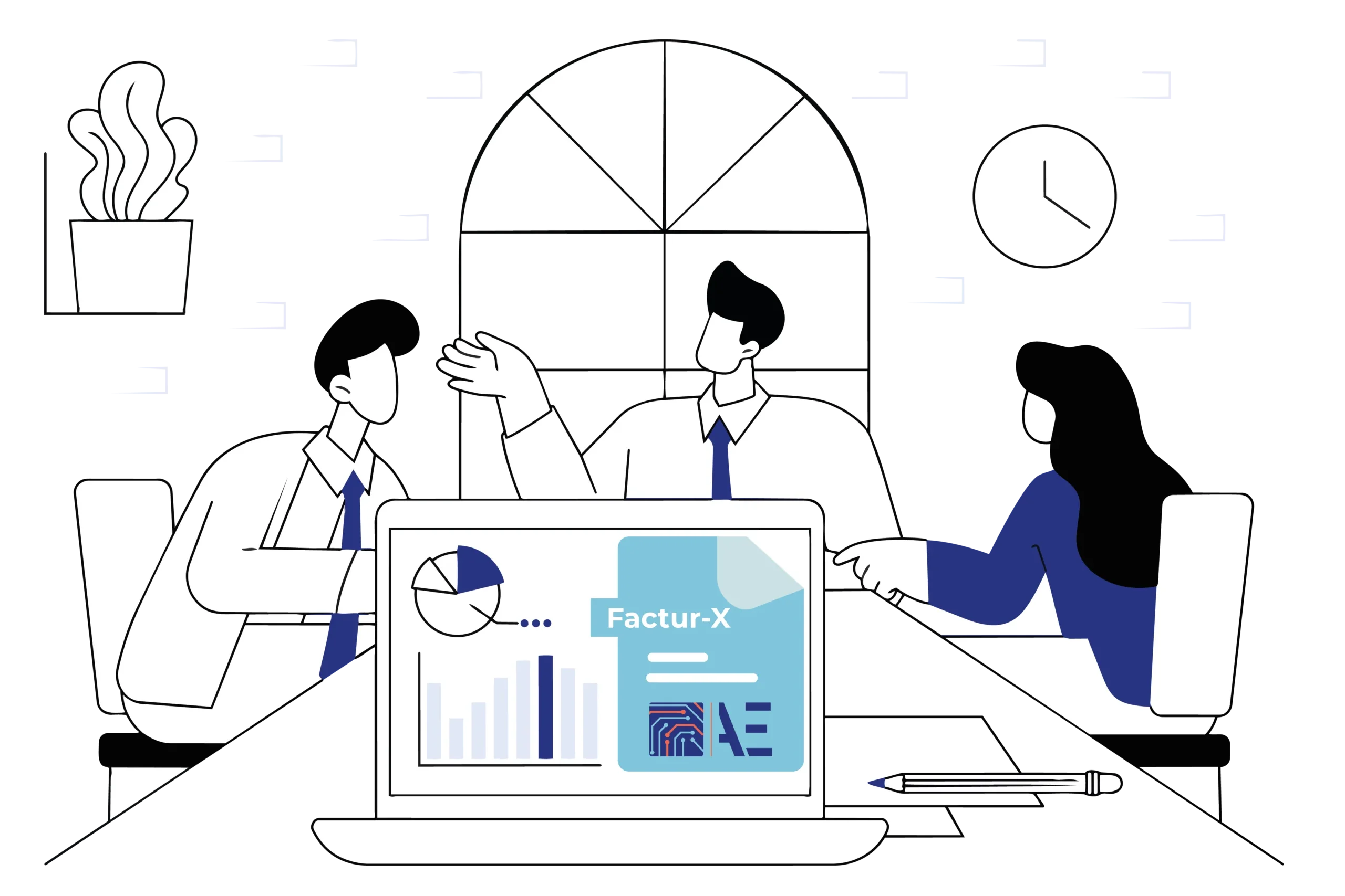 Illustration de plusieurs personnes travaillant ensemble autour d’un ordinateur, avec des icônes d’analyse et de données.
