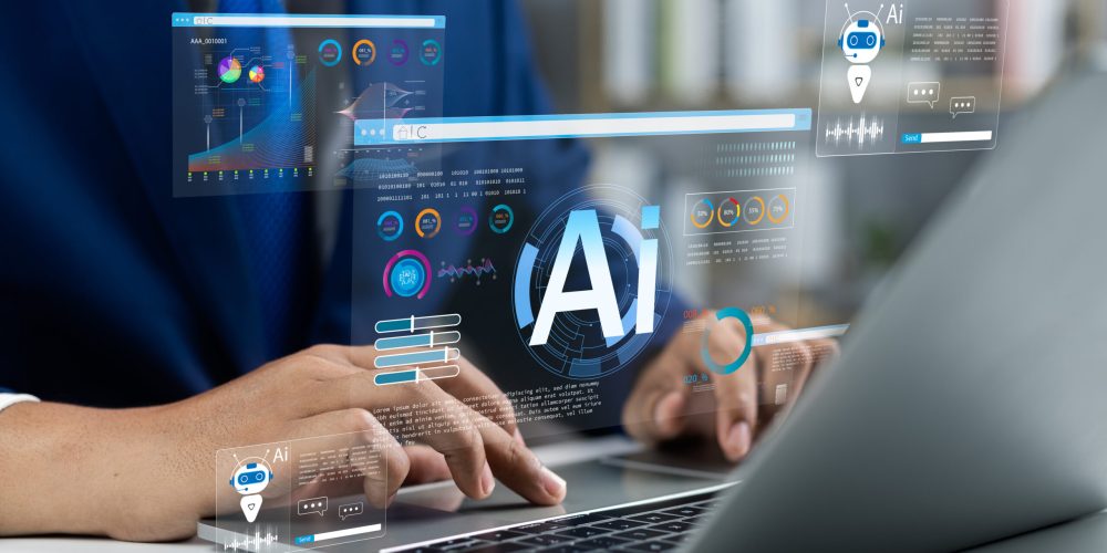Businessman use artificial intelligence AI technology for enhanced work efficiency data analysis and efficient tools, Unlocking work potential with AI solutions chatbot help solve work problems.
