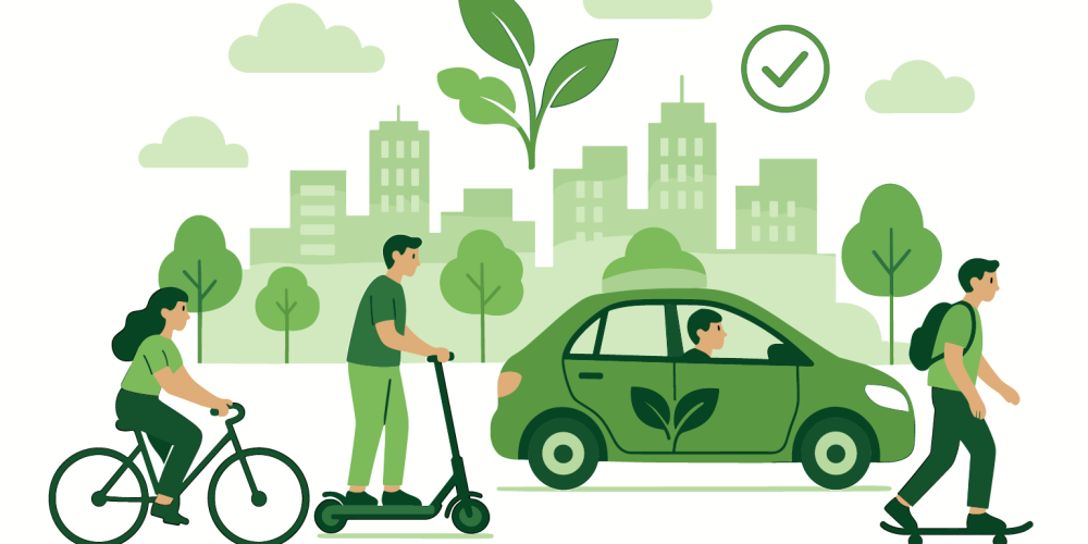 Illustration d’une entreprise engagée dans la mobilité verte, avec voiture, vélos et éléments naturels représentant les transports durables.